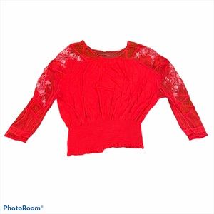 Free People Orange Top w Mesh, Smocking & Sequins